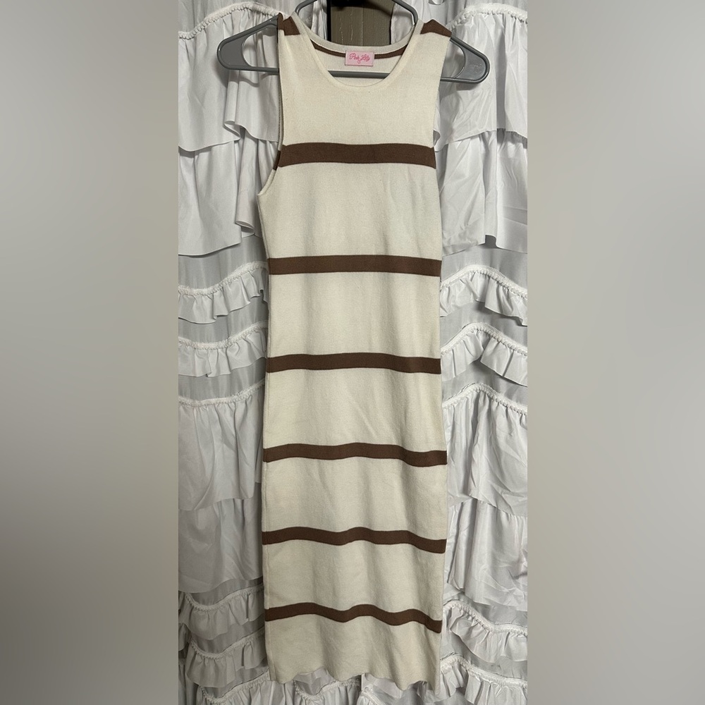 Pink Lily Cream and Brown Striped Midi Dress